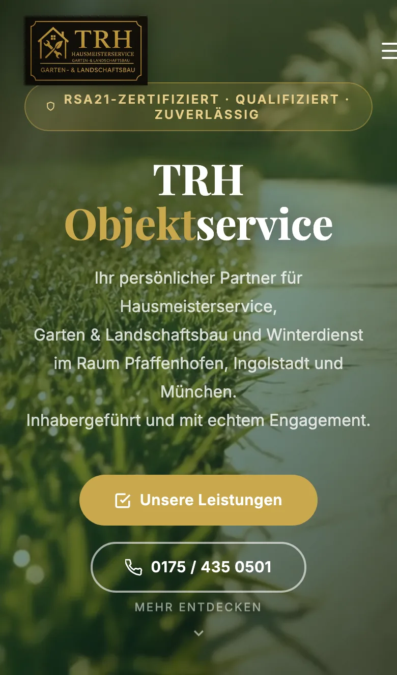 Mobile Ansicht der TRH-Startseite mit Logo, Titel und Telefonknopf.